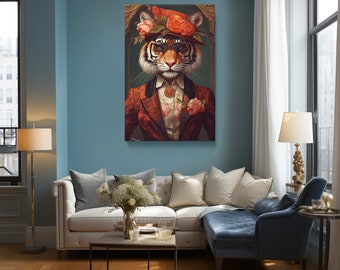 Fashion Tiger Wall Art, Elegant Tiger with Floral Canvas Print, Botanical Wall Decor, Fashionable Animal Art, Unique Gift for Nature Lovers