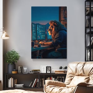 May include: Digital art print showing a lion-headed figure coding on dual computer monitors. The scene is set at a desk with a night sky backdrop. The lion wears a hoodie, and the monitors display lines of code.