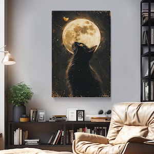 Black Cat with Full Moon Canvas Print, Cat at Night Wall Art, Cat Lovers Gift, Moonlit Cat Decor for Living Room, Black Cat Room Decor