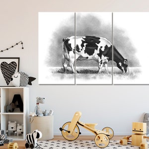 Cow Grazing Wall Decor, Black And White Cow Canvas Print Large Wall Décor, Farm Animals Art, Farm Wall Decor, Cow Poster, Cow Wall Art