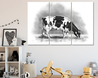 Cow Grazing Wall Decor, Black And White Cow Canvas Print Large Wall Décor, Farm Animals Art, Farm Wall Decor, Cow Poster, Cow Wall Art
