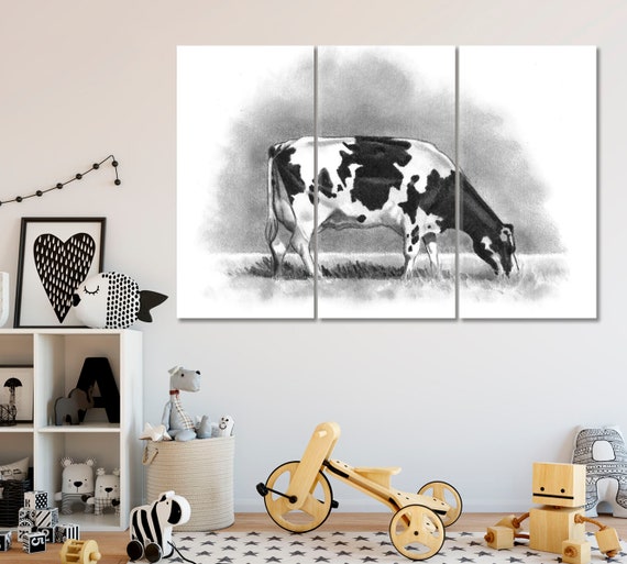 Cow Grazing Wall Decor, Black And White Cow Canvas Print Large Wall Décor, Farm Animals Art, Farm Wall Decor, Cow Poster, Cow Wall Art