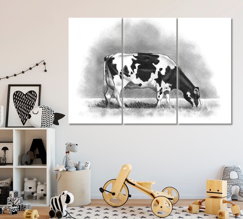 May include: A black and white pencil drawing of a cow grazing in a field. The cow is facing the right side of the image and has black and white spots. The drawing is on a white background.