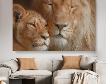 Lion and Lioness Canvas Print, Wildlife Wall Art for Bedroom or Living Room, Animal Couples Prints, Wildlife Artwork, Lion Couple Wall Decor