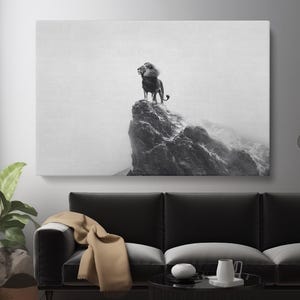 Lion Wall Decor, Black and White Lion on Mountain Canvas Print, Wildlife Wall Art for Office or Studio, Animal Artwork, Minimalist At Decor