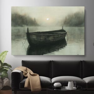 Vintage Wooden Boat Canvas Print, Lake Wall Art, Nature Landscape Painting, Wooden Boat Art Print, Misty Lake Artwork, Boat Modern Decor