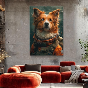 Astronaut Hund Leinwanddruck, Space Hero Wandkunst, Space Animal Decor, Hunde Kunstwerk gerahmt fertig zum Aufhängen, Hund Moderne Leinwandkunst