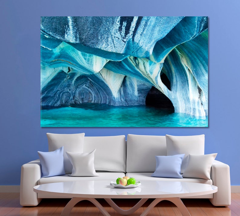 Marble Caves Patagonia Chile Poster Print, Turquoise Colors Splendid Shapes Marble Caves Photo Art Print, Unearthly Beauty Nature Art 1 Panel