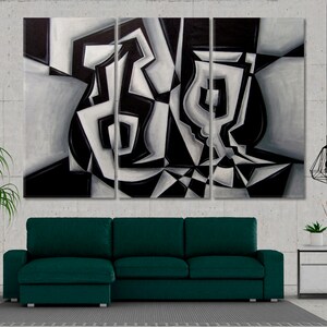 May include: A black and white abstract painting with geometric shapes and a vase-like form. The painting is divided into three panels.