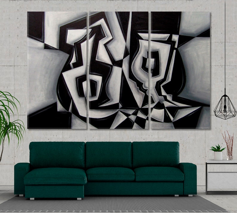 May include: A black and white abstract painting with geometric shapes and a vase-like form. The painting is divided into three panels.