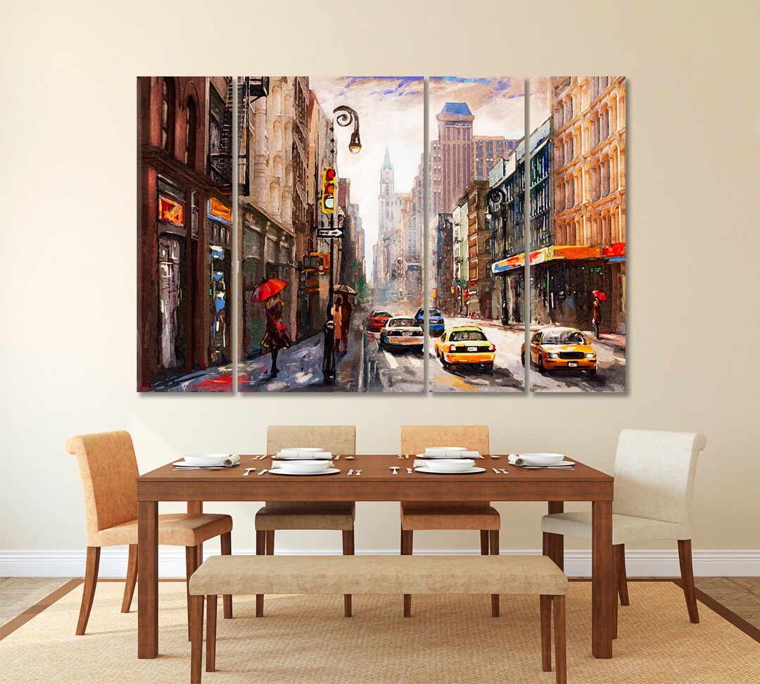 New York Wall Art, City Woman Red Umbrella Yellow Taxi Art Canvas Print ...