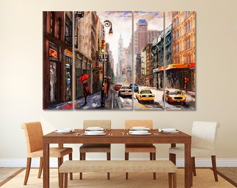 New York | City Woman Red Umbrella Yellow Taxi Art Canvas Print, Modern Artwork, NYC Downtown Wall Decor, American City Street Art