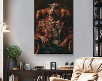 Dinosaur Art Decor, Dinosaur Canvas Print, Reptile in Suit Wall Art, Dinosaur in Suit Office Decor, Dinosaur Artwork, Dinosaur Picture Print
