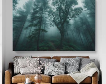 Misty Forest Canvas Print, Foggy Forest Wall Art, Green  Forest Decor, Mysterious Trees Landscape Artwork, Night Misty Forest Wall Print