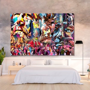 May include: Abstract art print featuring a colorful, fragmented portrait of a person's face. The artwork is composed of various shapes and colors, creating a sense of depth and movement.