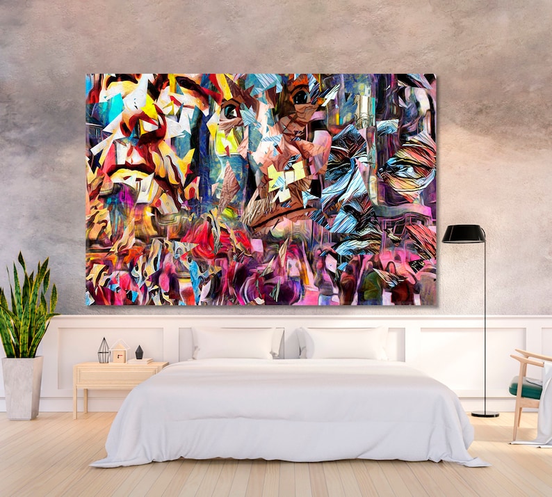 May include: Abstract art print featuring a colorful, fragmented portrait of a person's face. The artwork is composed of various shapes and colors, creating a sense of depth and movement.