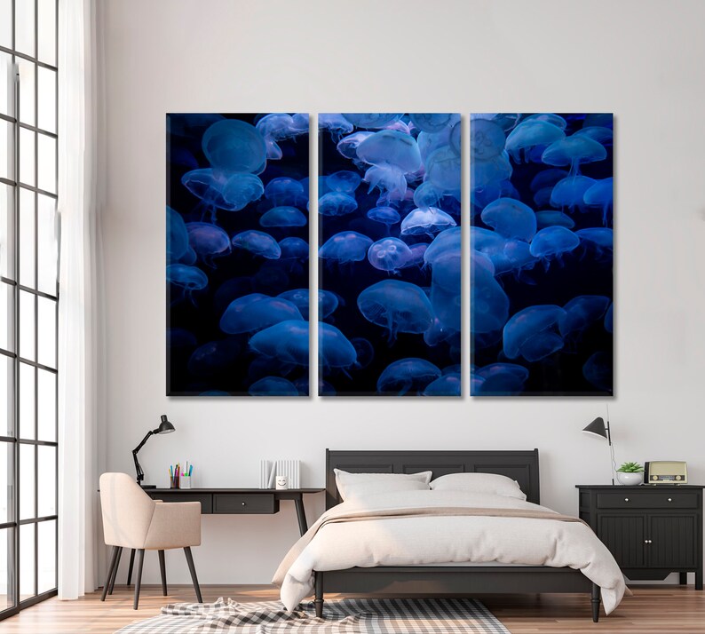 Jellyfish Swarm Canvas Print, Marine Life Wall Art, Mystical Underwater Scene, Luminous Blue Oceanic Decor for Contemporary Spaces