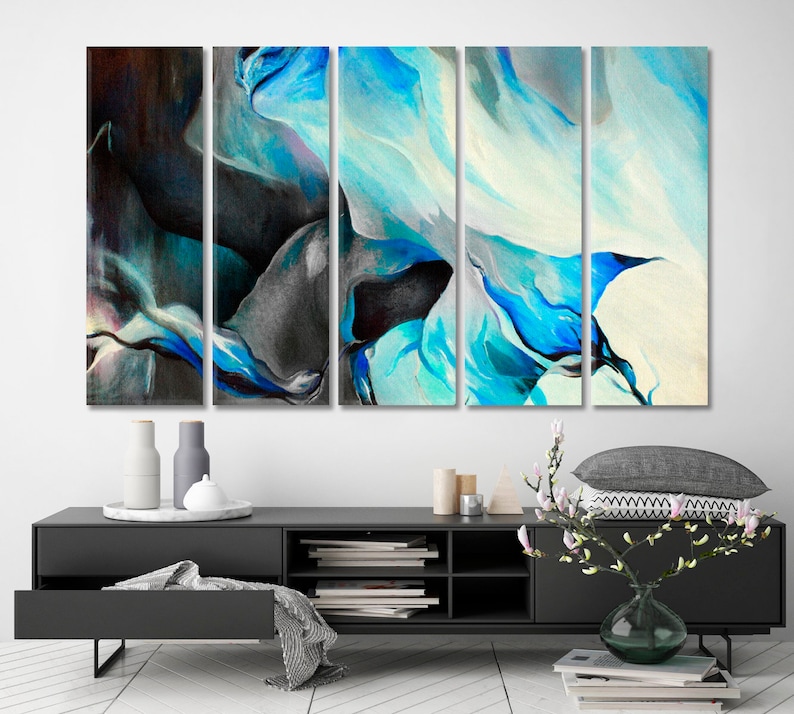 Bright Blue and Gray Abstract Wall Art Décor Home Wall Etsy