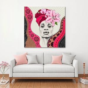 Afro Woman And Wlowes Wall Art, Black Beauty Art Canvas, African Beautiful Woman Art Canvas Print Wall Decor, Conemory Art Print Framed