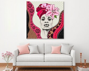 Afro Woman And Wlowes Wall Art, Black Beauty Art Canvas, African Beautiful Woman Art Canvas Print Wall Decor, Conemporary Art Print Framed