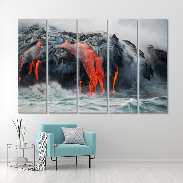 Lava Flows | Multiple Red Hot Lava Flows Hawaii Attractions Art, Hawaii Volcanoes Photo Poster Print, Big Island Art, Volcanic Steam Art