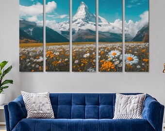 Arte mural del monte Cervino, lienzo con prado de flores silvestres del monte Cervino, paisaje de los Alpes suizos, obra de arte enmarcada de montaña