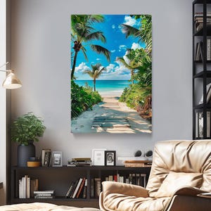 Tropical Beach Path Canvas Print, Palm Tree Wall Art, Ocean Landscape Decor for Living Room or Bathroom, Tropical Beach Framed Art Print
