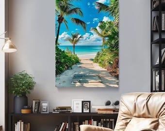 Ścieżka na tropikalnej plaży, wydruk na płótnie, dekoracja ścienna z palmą, dekoracja oceanicznego krajobrazu do salonu lub łazienki, oprawiony wydruk artystyczny z tropikalną plażą