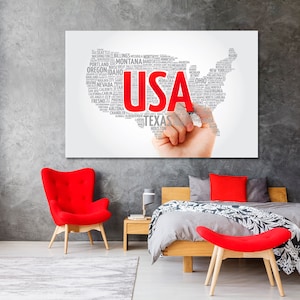 USA Wandkunst, USA Wichtigste Städte Kunst, USA Karte Wort Wolke Collage Leinwanddruck, Amerikanische Städte Poster Druck, Amerikanische Stadt Karte Kunst