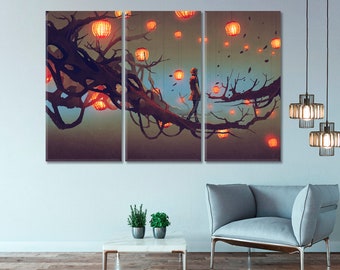 Dream Beautiful Fantasy Art Canvas Print Wall Décor, Surreal Night Red Lanterns Canvas Print Wall Art, Man Abstract Mystery Tree Branch