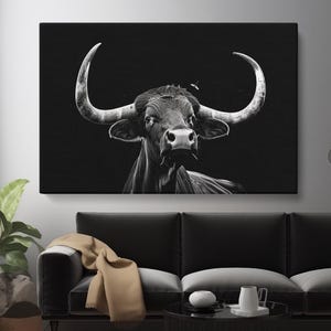 Longhorn Canvas Print, Black and White Longhorn Wall Art, Bull Photography, Longhorn Cow Wall Hangings, Longhorn Cow Farmhouse Art Decor