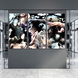 May include: A triptych of abstract art panels. The artwork features surreal, dreamlike imagery with swirling patterns, figures, and a dark color palette. The panels are displayed on a gray wall in a modern office setting.
