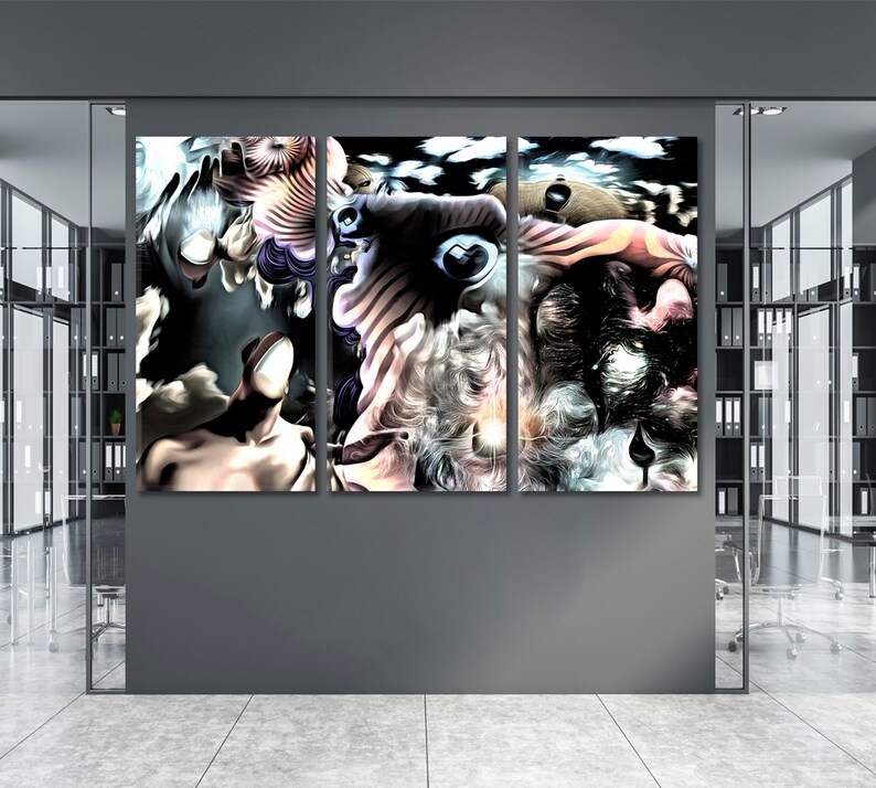May include: A triptych of abstract art panels. The artwork features surreal, dreamlike imagery with swirling patterns, figures, and a dark color palette. The panels are displayed on a gray wall in a modern office setting.