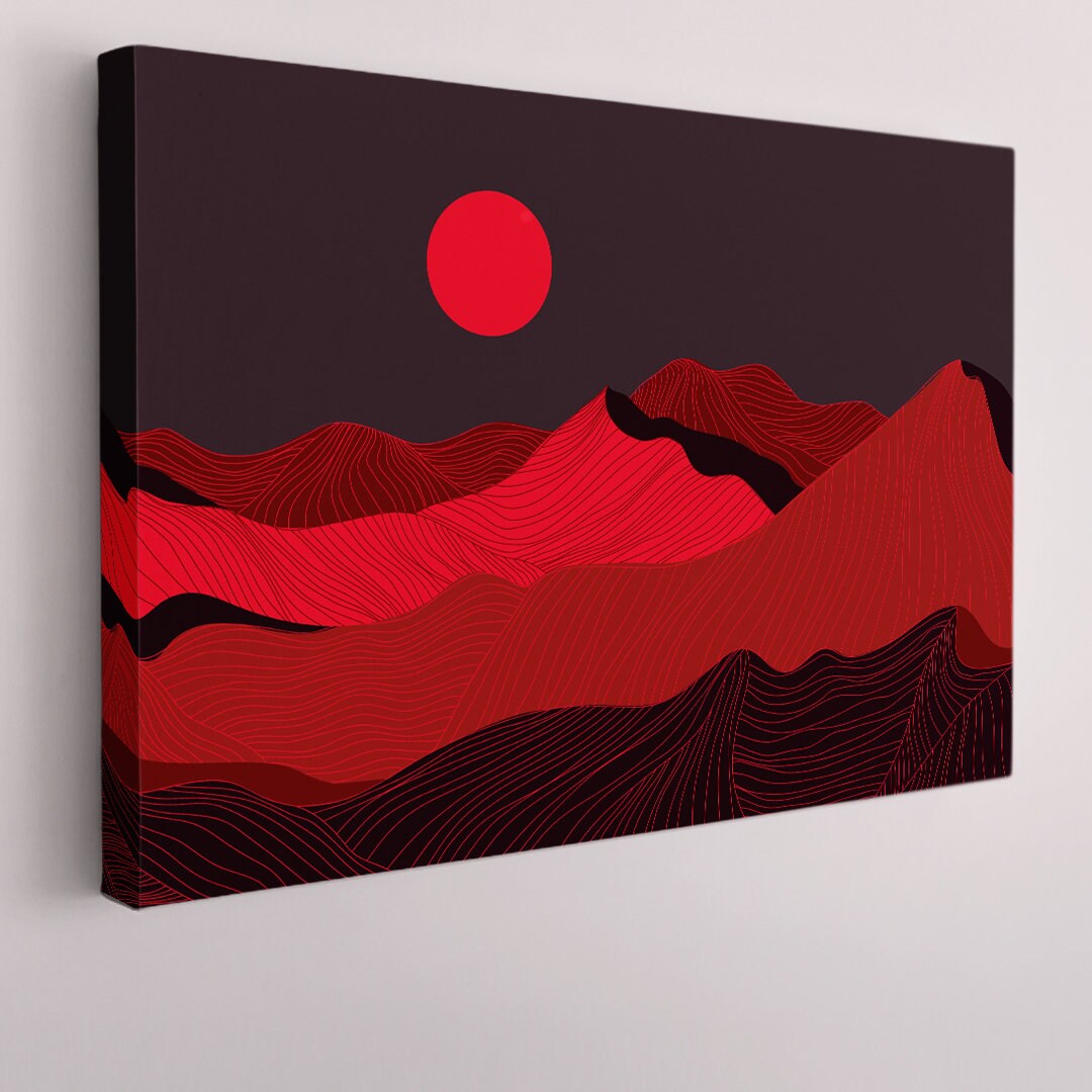 Red Mountain Lines Canvas Print Art, Mountains and Sun
