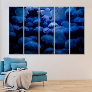Jellyfish Swarm Canvas Print, Marine Life Wall Art, Mystical Underwater Scene, Luminous Blue Oceanic Decor for Contemporary Spaces