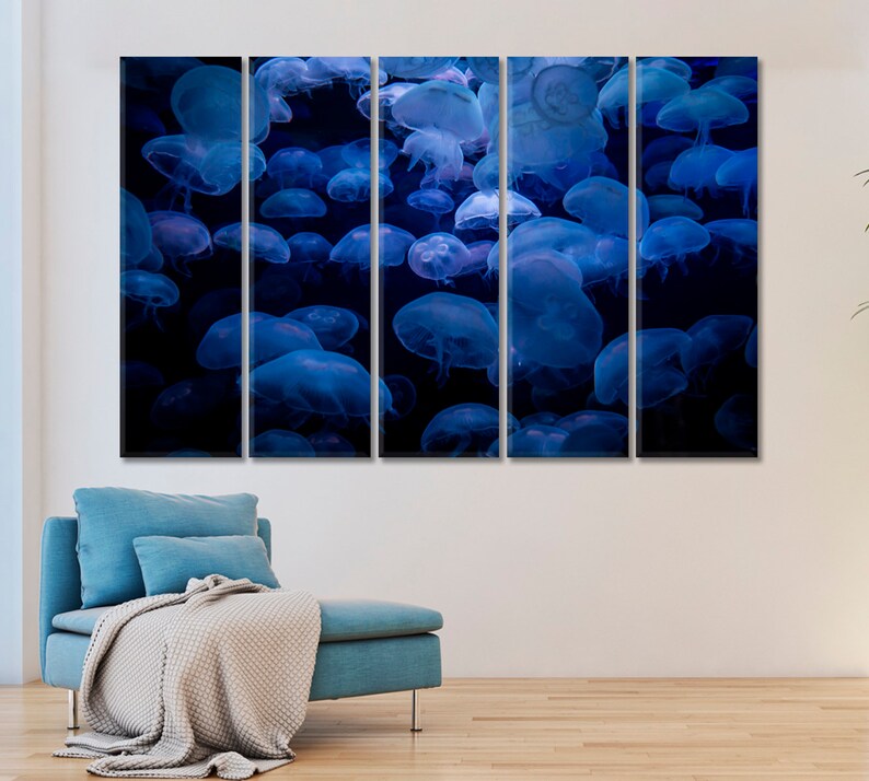 Jellyfish Swarm Canvas Print, Marine Life Wall Art, Mystical Underwater Scene, Luminous Blue Oceanic Decor for Contemporary Spaces