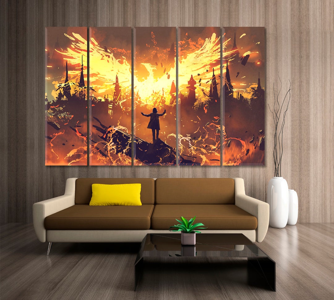 Surreal Wizard Summoning Golden Phoenix Canvas Print, Abstract Magic ...