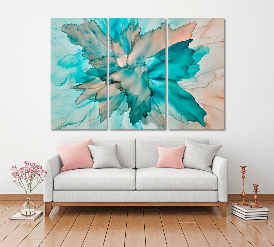 Turquoise Ink Flowers Transparent Colors Canvas Print Wall Art, Trendy ...