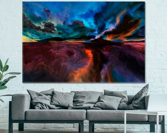 May include: Abstract painting of a colorful landscape with a dark blue, purple, and orange sky and a red, orange, and purple ground.