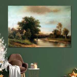 May include: A painting of a cottage with a thatched roof, nestled in a lush green landscape. A wooden bridge crosses a river in the foreground, leading to a distant forest. The sky is a soft blue with fluffy white clouds.