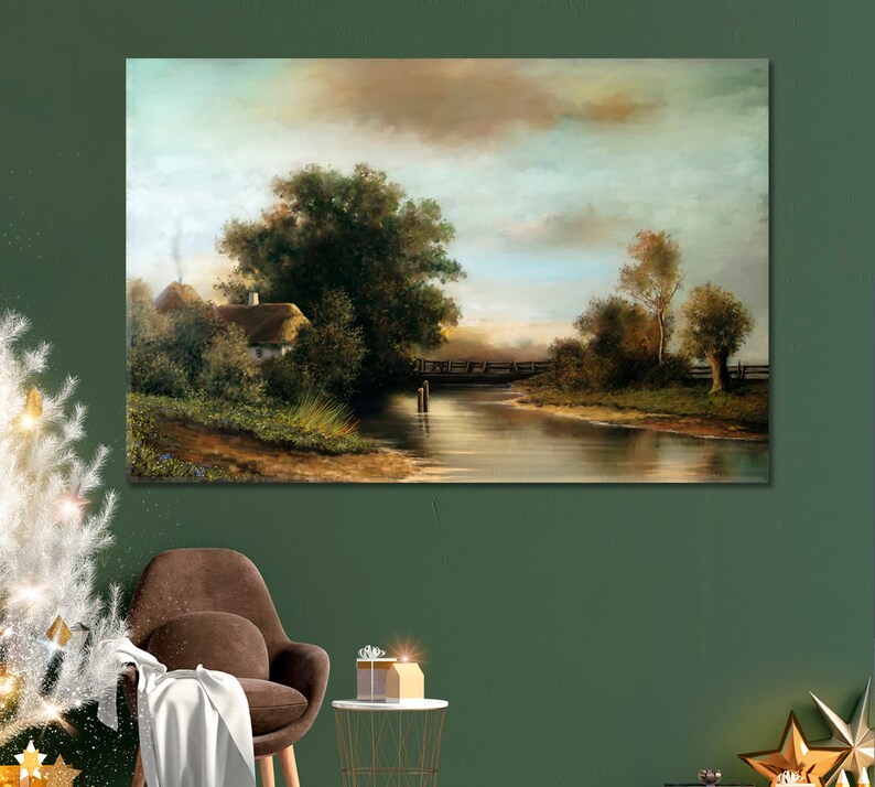 May include: A painting of a cottage with a thatched roof, nestled in a lush green landscape. A wooden bridge crosses a river in the foreground, leading to a distant forest. The sky is a soft blue with fluffy white clouds.