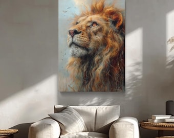 Stampa su tela con ritratto di leone, decorazione murale con animali selvatici per soggiorno o ufficio, decorazione con animali della natura, opera d'arte con volto di leone pronta da appendere