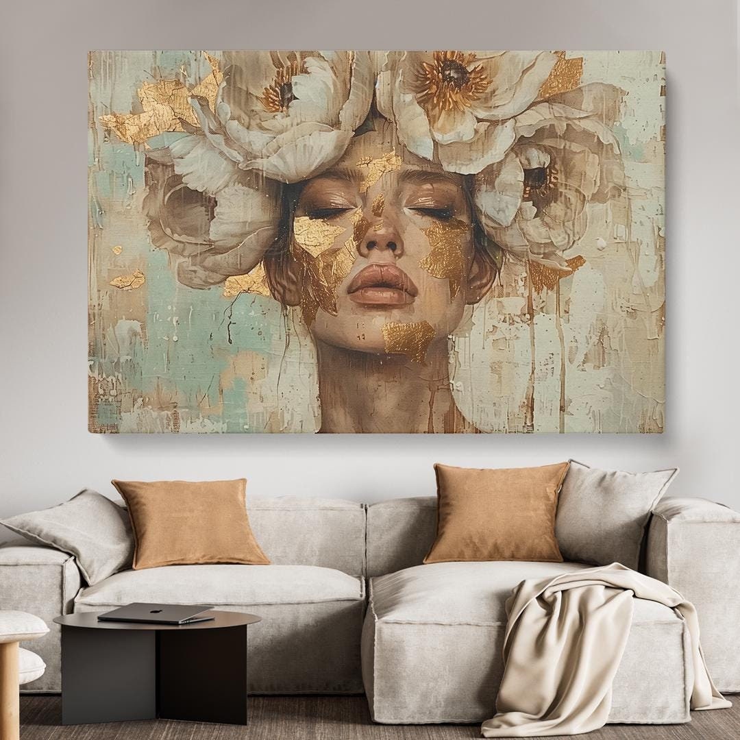 Elegant Woman Wall Art, Floral Portrait Triptych Canvas Print, Elegant ...