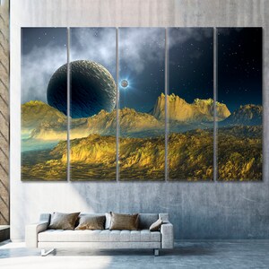 Extraterrestrial Mountains Planetary Triptych Canvas Print, Cosmic Landscape Wall Art, Sci-Fi Fantasy Decor for Home Cinema, Stellar Gift for Astronomy Fans
