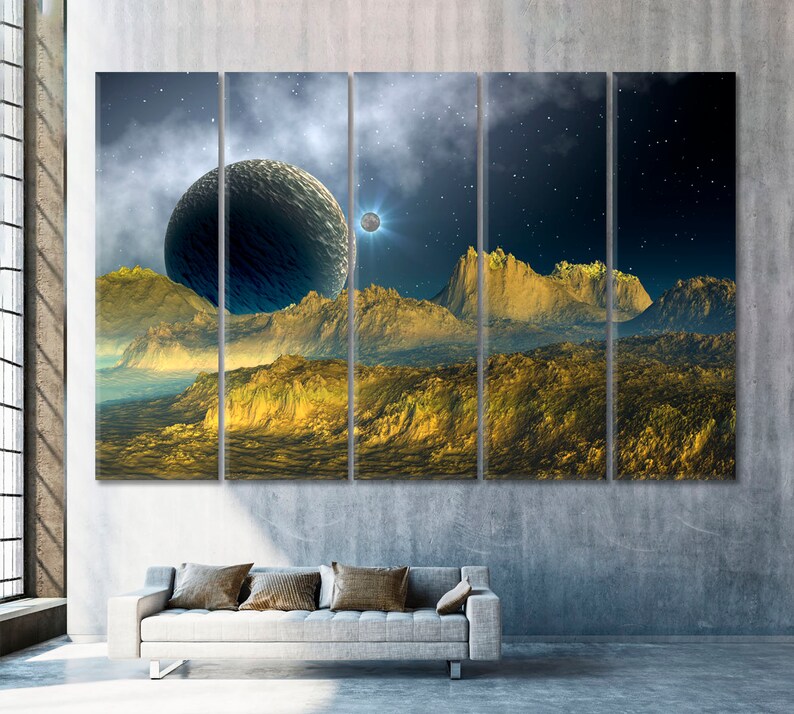 Extraterrestrial Mountains Planetary Triptych Canvas Print, Cosmic Landscape Wall Art, Sci-Fi Fantasy Decor for Home Cinema, Stellar Gift for Astronomy Fans