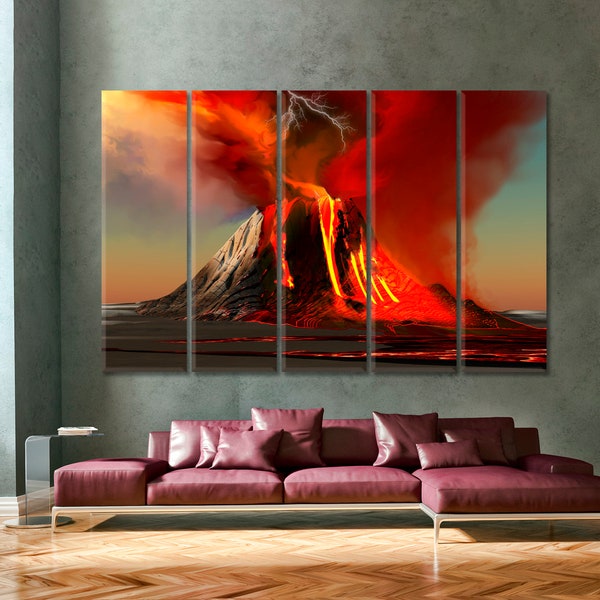 Hawaii | Kilauea Volcano Erupts Hawaii Island Poster Print, Lava Fire Plumes Smoke Art, Hawaii Attractions Art, Volcanic Mountain Wall Art