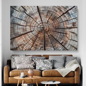 Holz Wandkunst für Wohnzimmer, Baum Leinwanddruck, Holzscheit Art fertig zum Aufhängen, Holzkunstdruck, minimalistischer Druck, Baumringwanddekor
