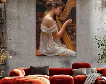 Harp Wall Art, Woman Playing Harp Canvas Print, Classical Music