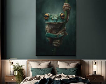 Frog Art Picture, Rainy Day Frog Hugging Branch Canvas Print, Nature Wall Art for Office, Frog Art Decor, Frog Creative Wall Decor
