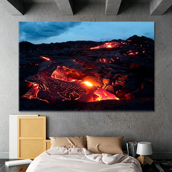 Magma | Multiple Red Hot Lava Flows Hawaii Attractions Art, Hawaii Volcanoes Photo Poster Print, Big Island Art, Volcanic Steam Art